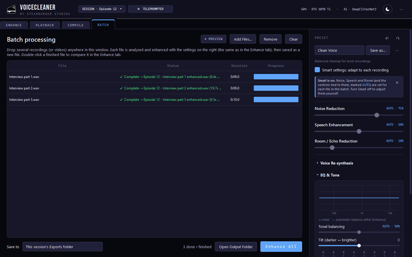 VoiceCleaner batch processing — enhance multiple files at once