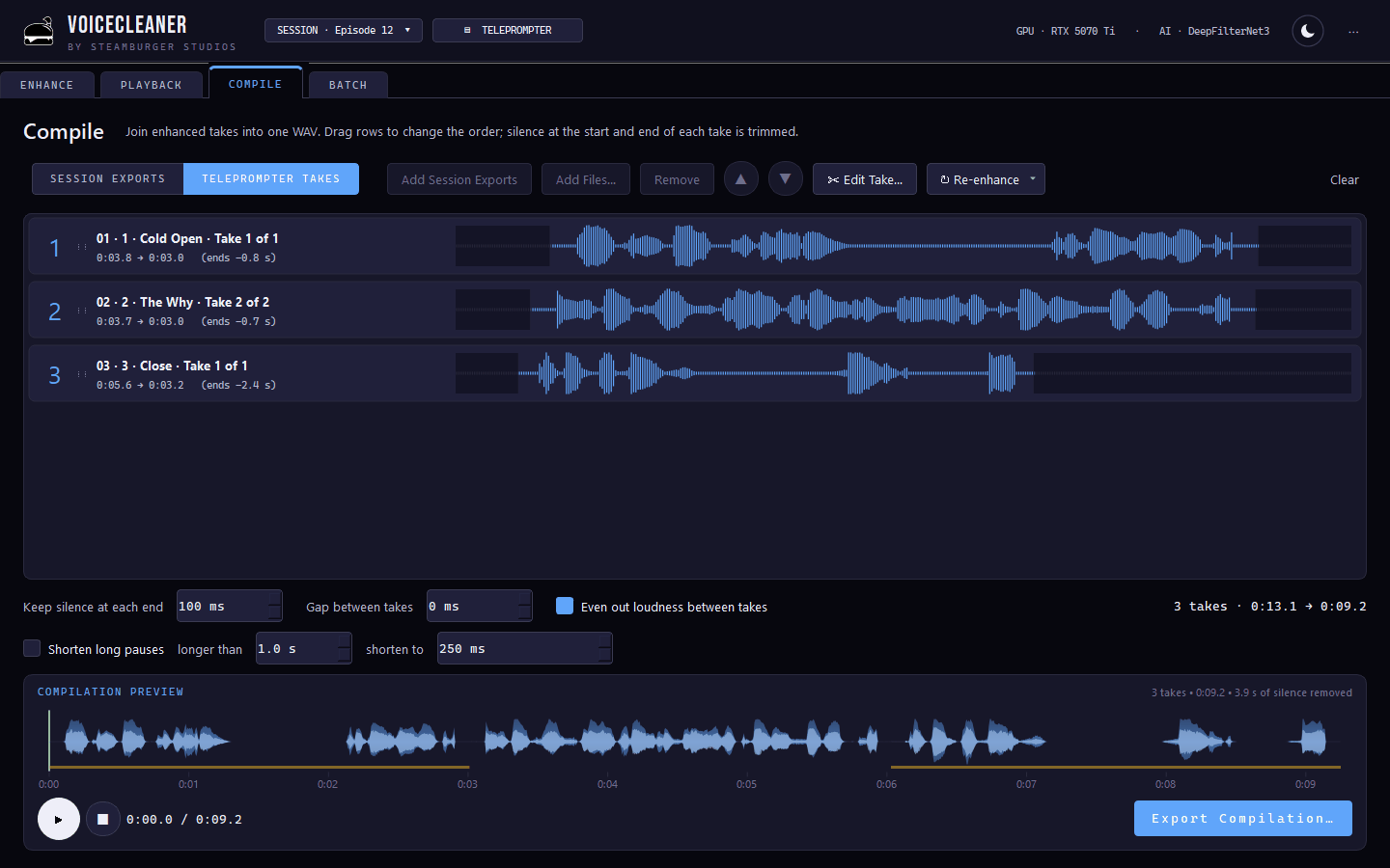 VoiceCleaner compile tab — join enhanced takes into one file