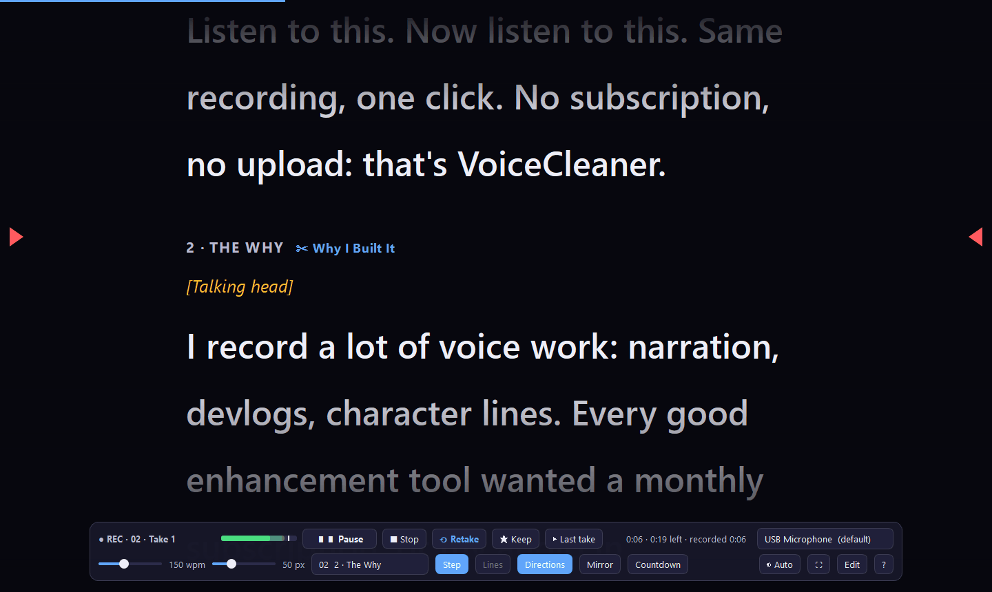 VoiceCleaner teleprompter — script-driven recording